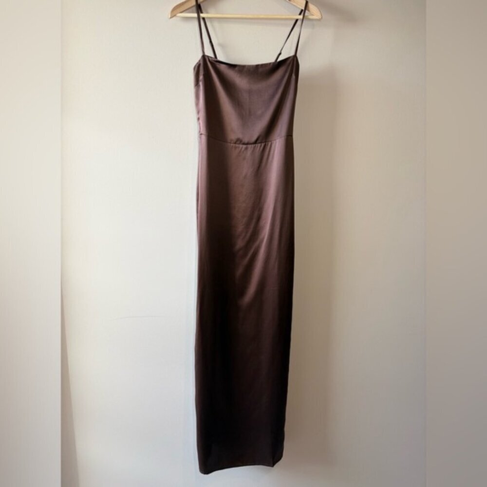 NEW Reformation Frankie Silk Maxi Navy Dress Gown Cafe Brown | US 0 UK 4 - Picture 6 of 13